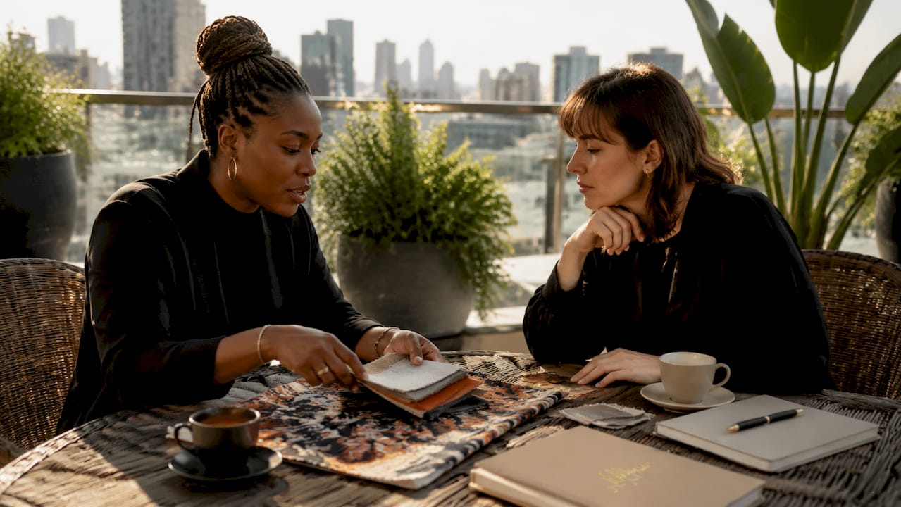 Designer and buyer discussing sustainable African fashion