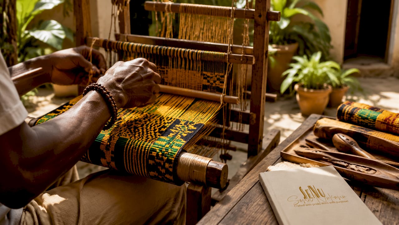 Hands weaving colorful Kente cloth on loom