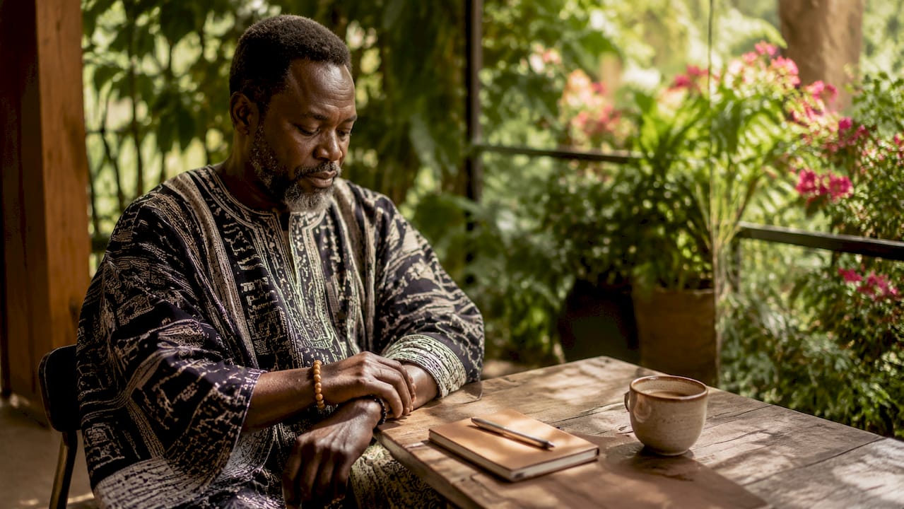 Man styling African bead necklace at café