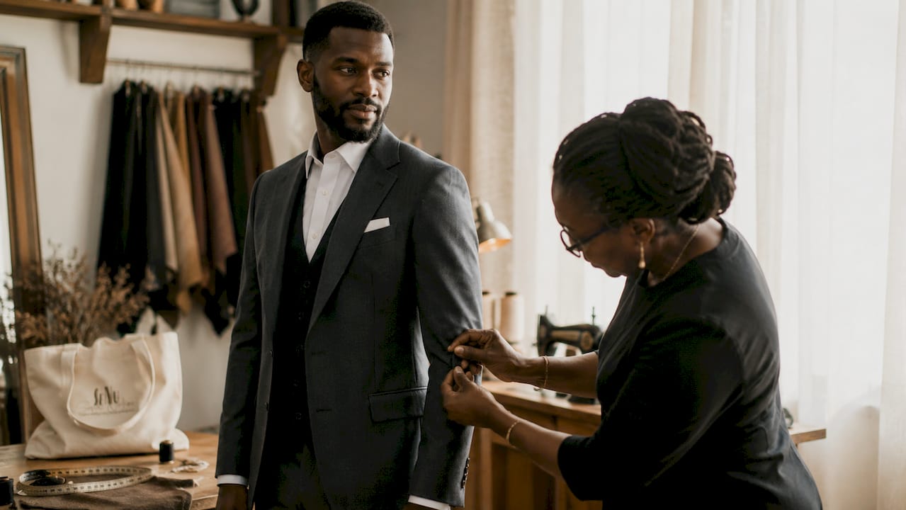 Seamstress fitting groom's wedding suit