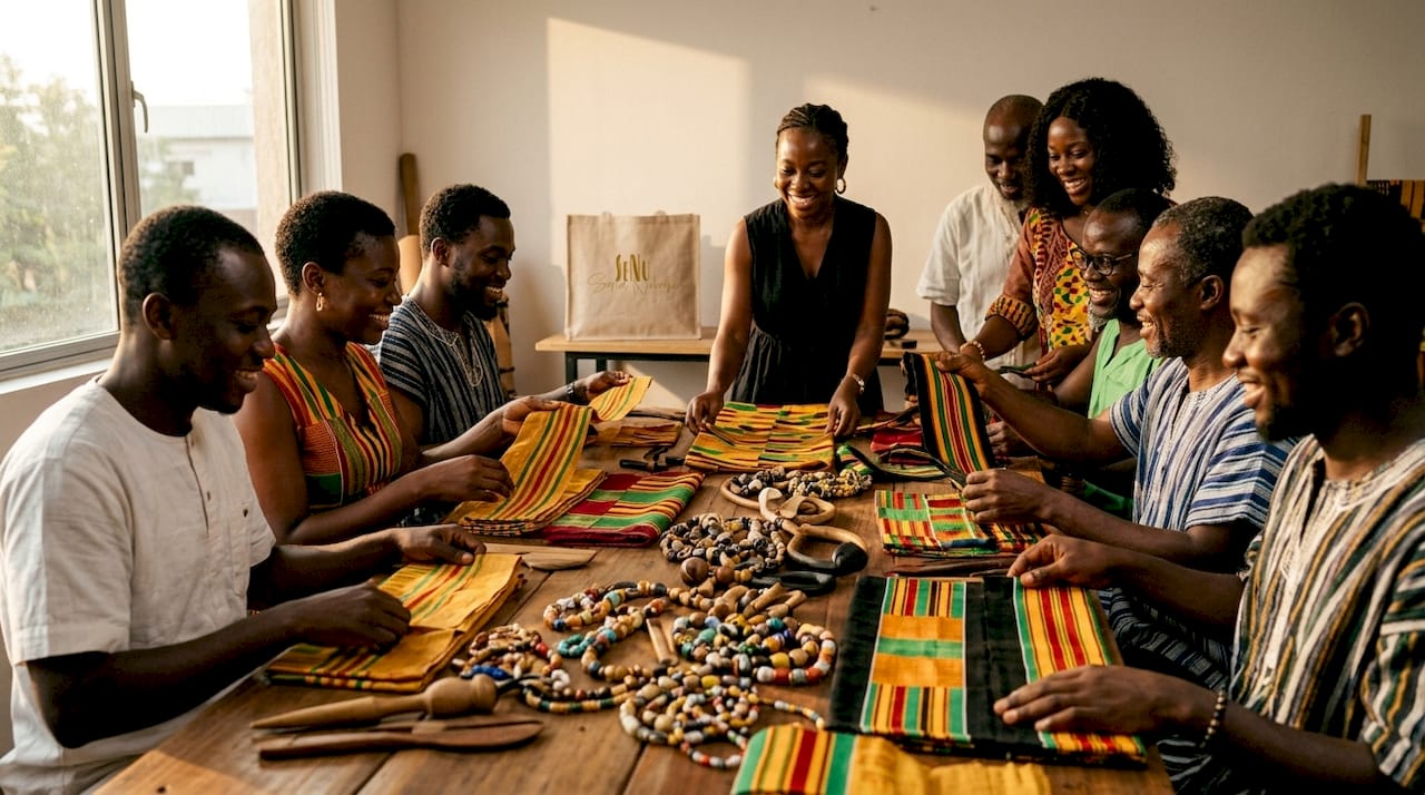 Hands holding colorful West African textiles