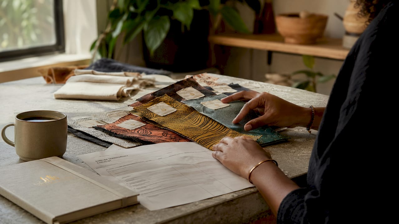 Hands verifying fashion certification on smartphone