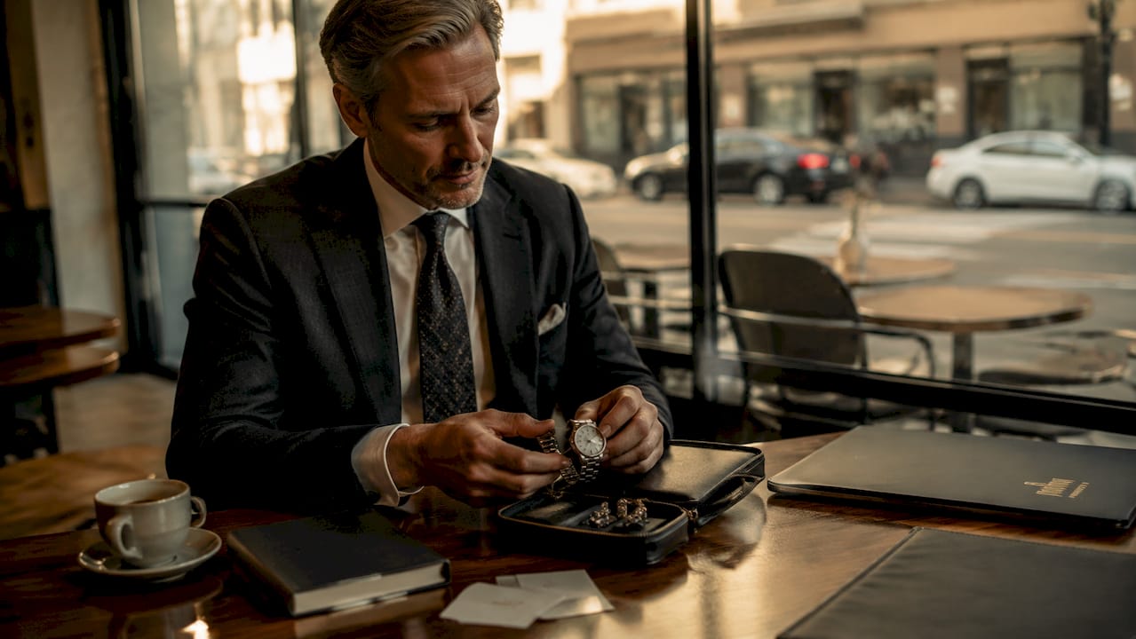 Overhead view of man choosing professional accessories