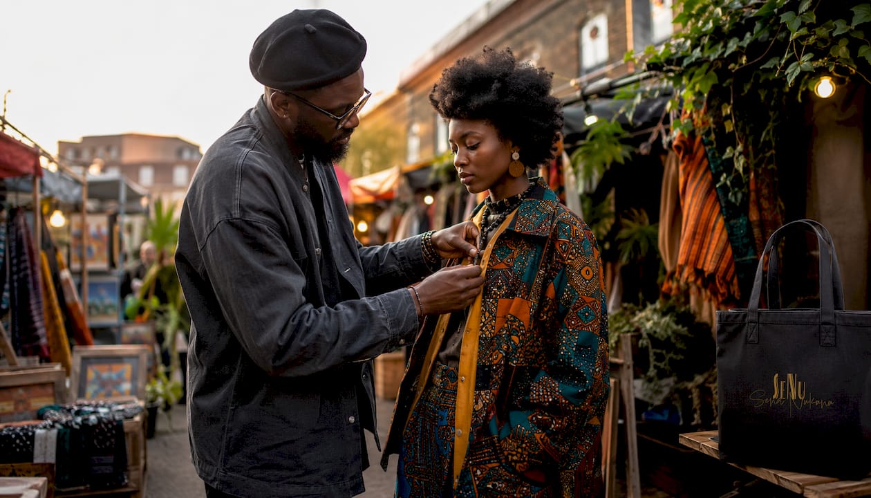 Stylist adjusting Afrocentric streetwear on model outdoors