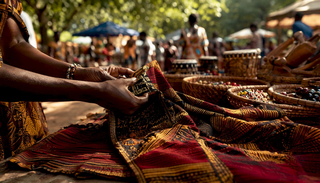 Close-up of hands holding colorful West African fabric
