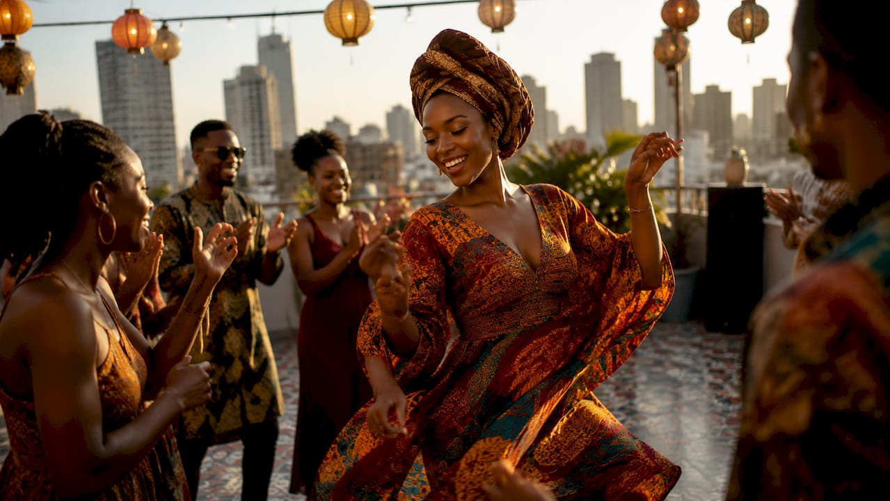 Smiling Black woman dancing in colorful dress outdoors