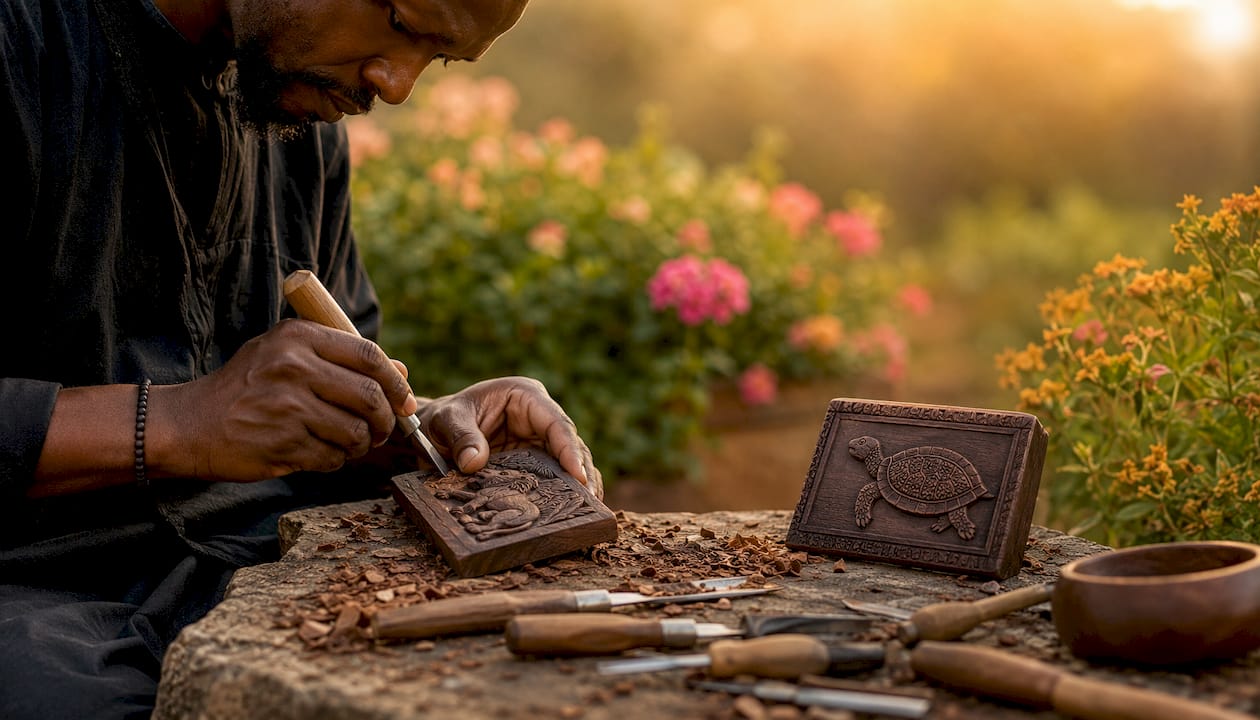 Carving wooden animal motifs for fabric stamps
