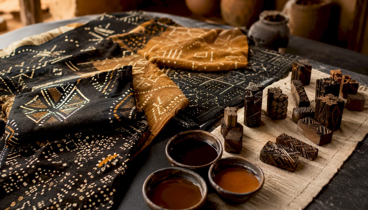 Detailed view of Malian mud cloth textile