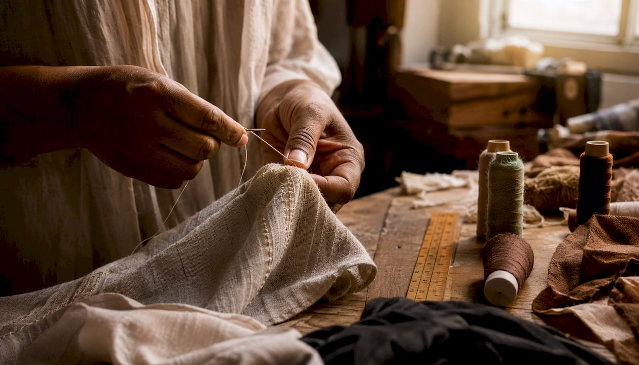 Close-up of hands stitching handcrafted dress fabric