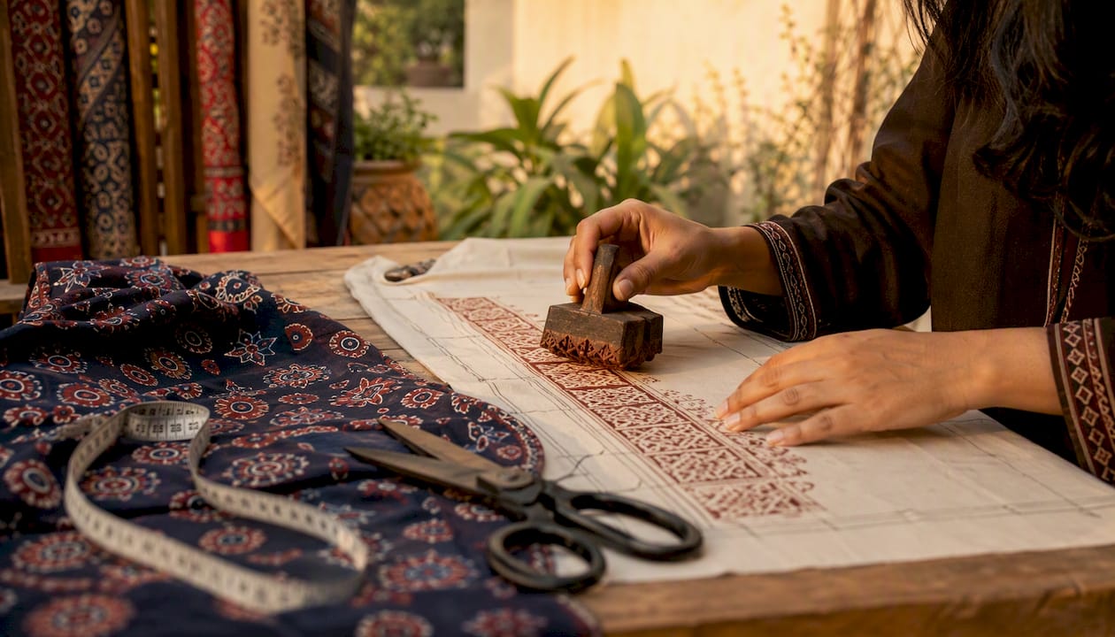 Hands applying Ajrak block print on fabric