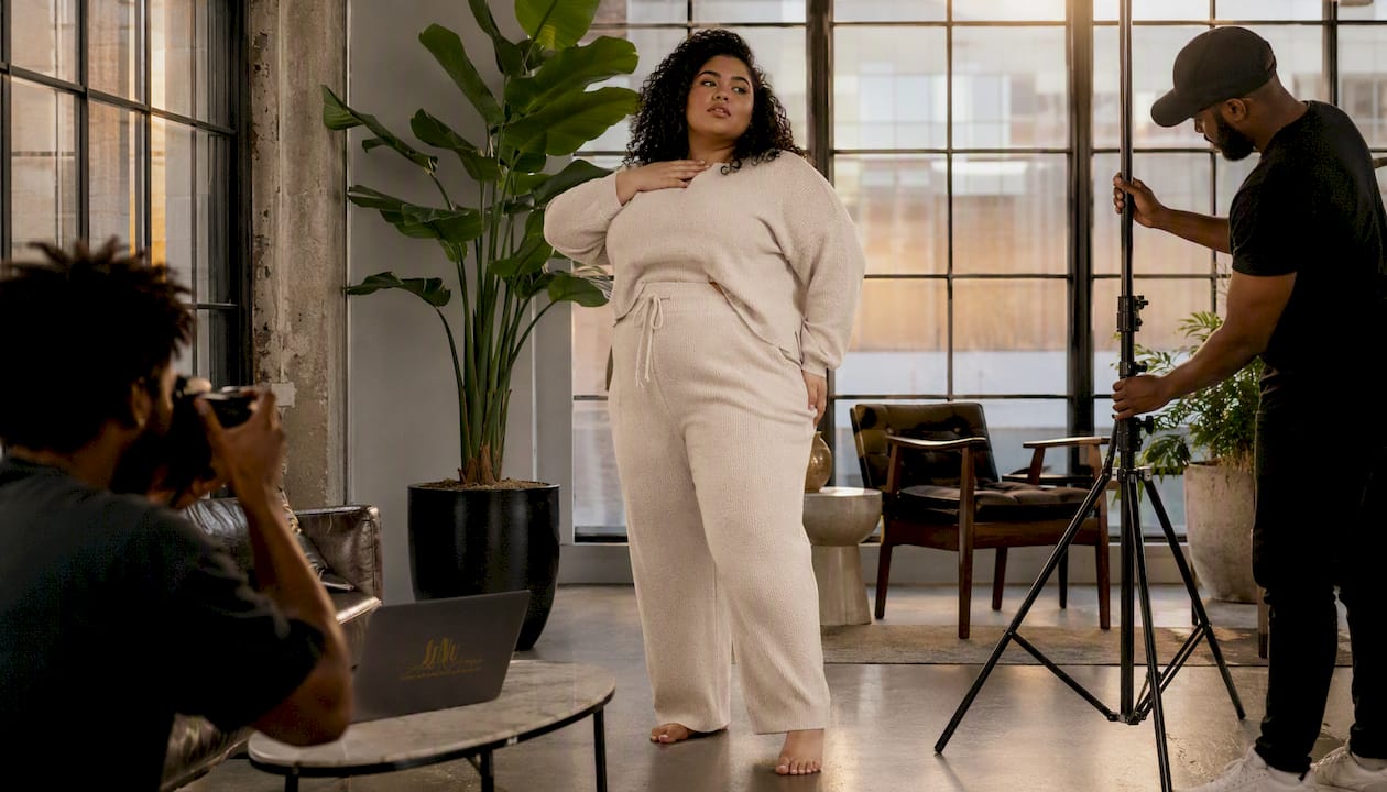 Plus-size model at outdoor fashion photoshoot
