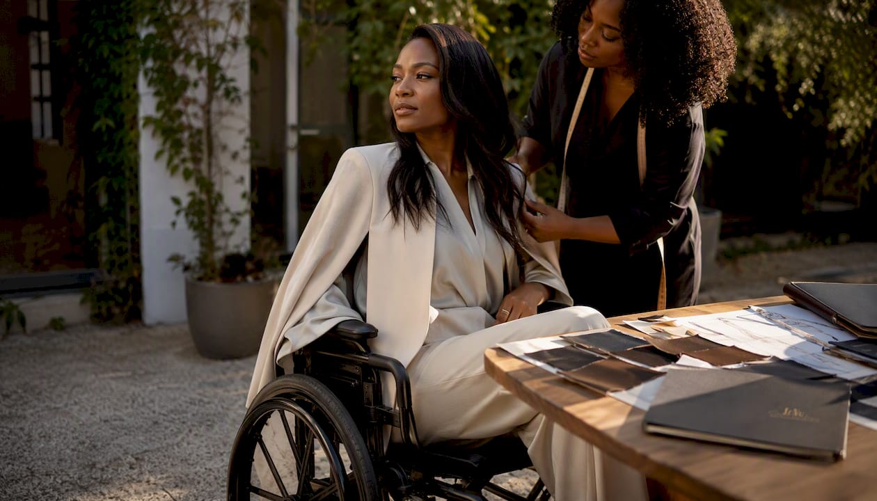 Adaptive fashion model in wheelchair studio