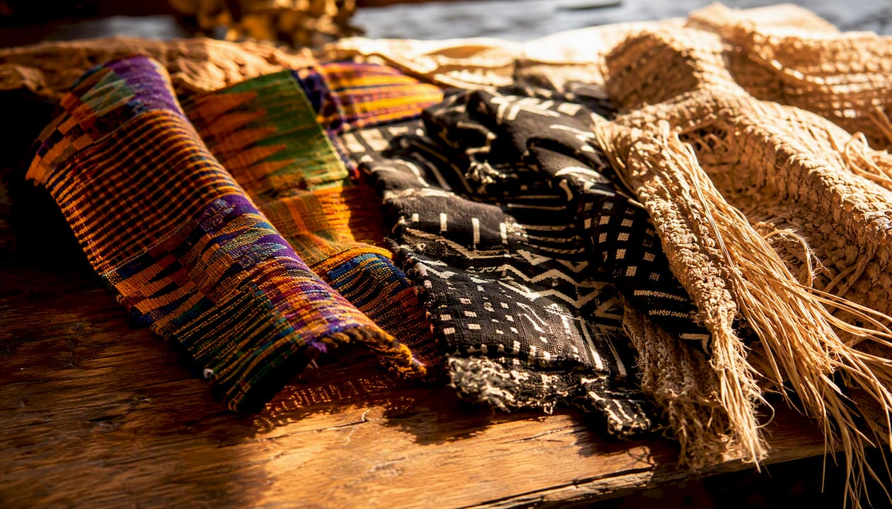 Close-up of varied West African textiles on cream background