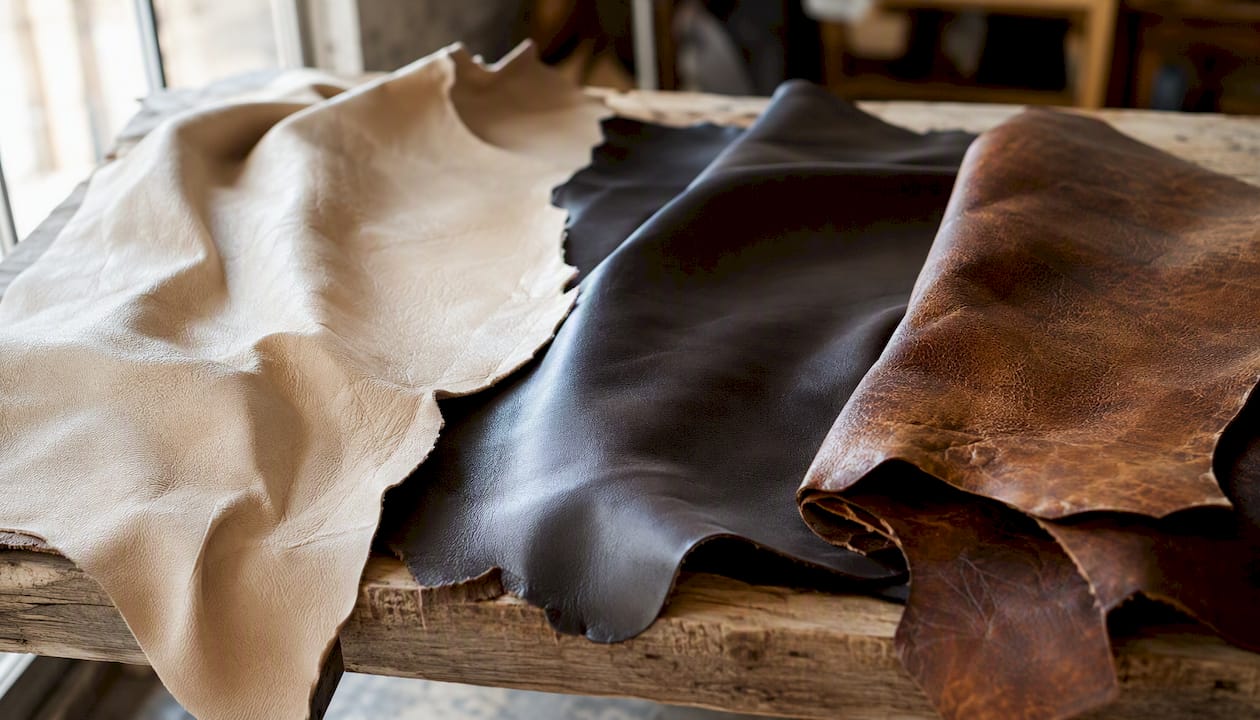 Close-up of various leather hides textures
