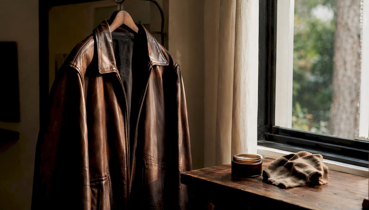 Leather jacket drying indoors with care items