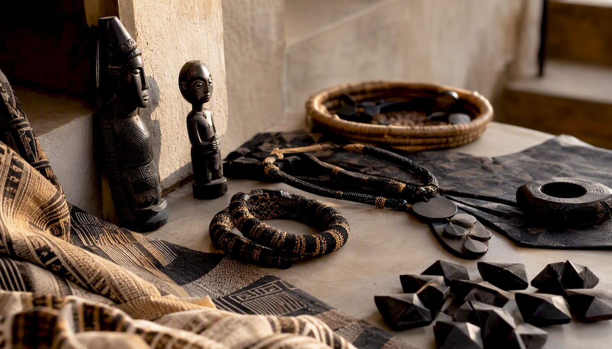 Editorial flat lay of West African fashion accessories