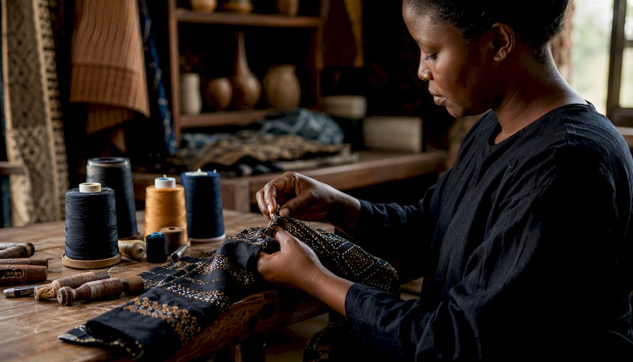 Artisan sewing West African fabric in workshop