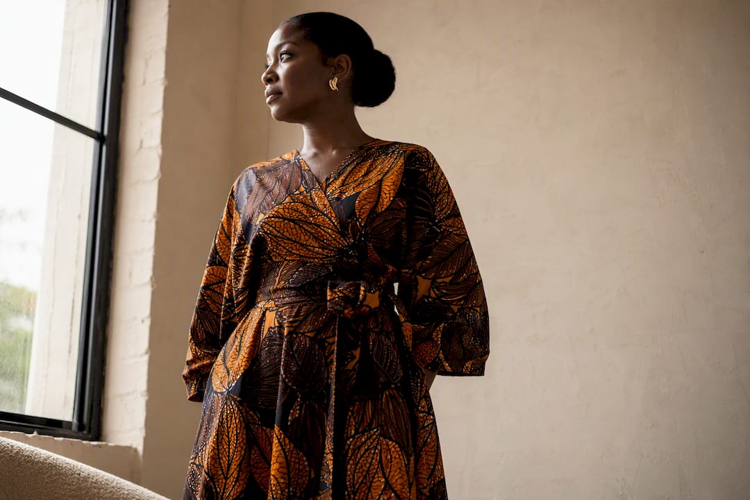 Model wearing modern Ankara print outfit