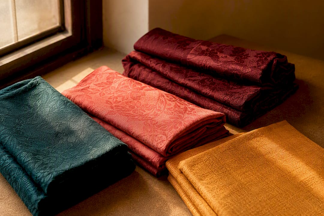 Folded agbada fabrics in bold modern colors