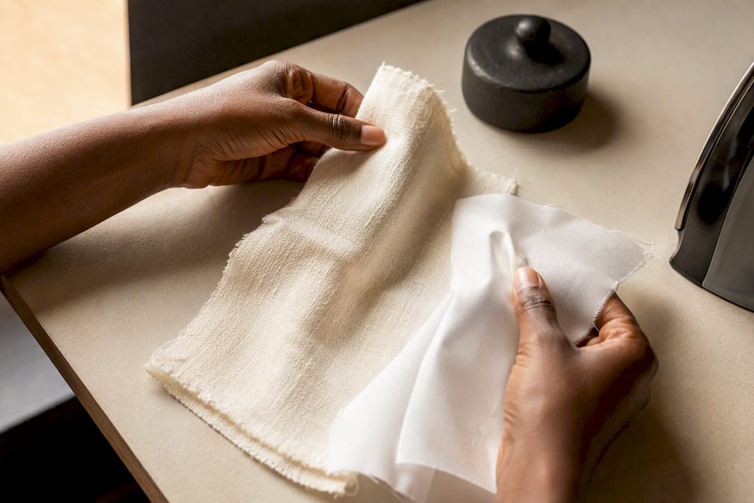 Hands comparing cotton and synthetic fabric