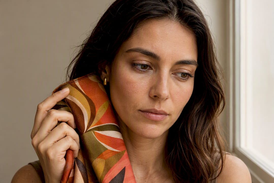 Woman comparing warm print colors near face
