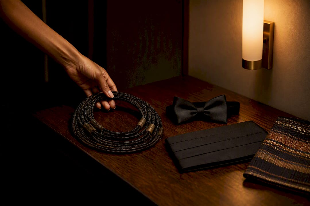 Heritage accessory paired with classic black tie pieces