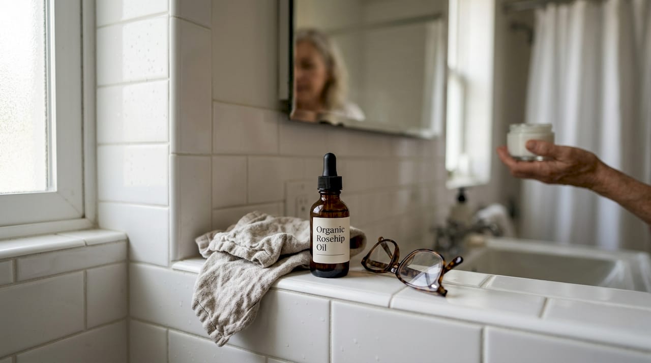 Rosehip oil bottle with skincare items on shelf