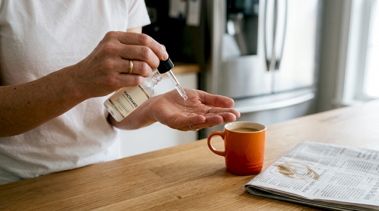 Hands applying niacinamide serum at kitchen