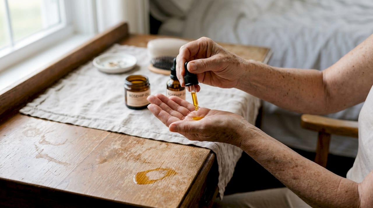 Rosehip oil applied by mature hands