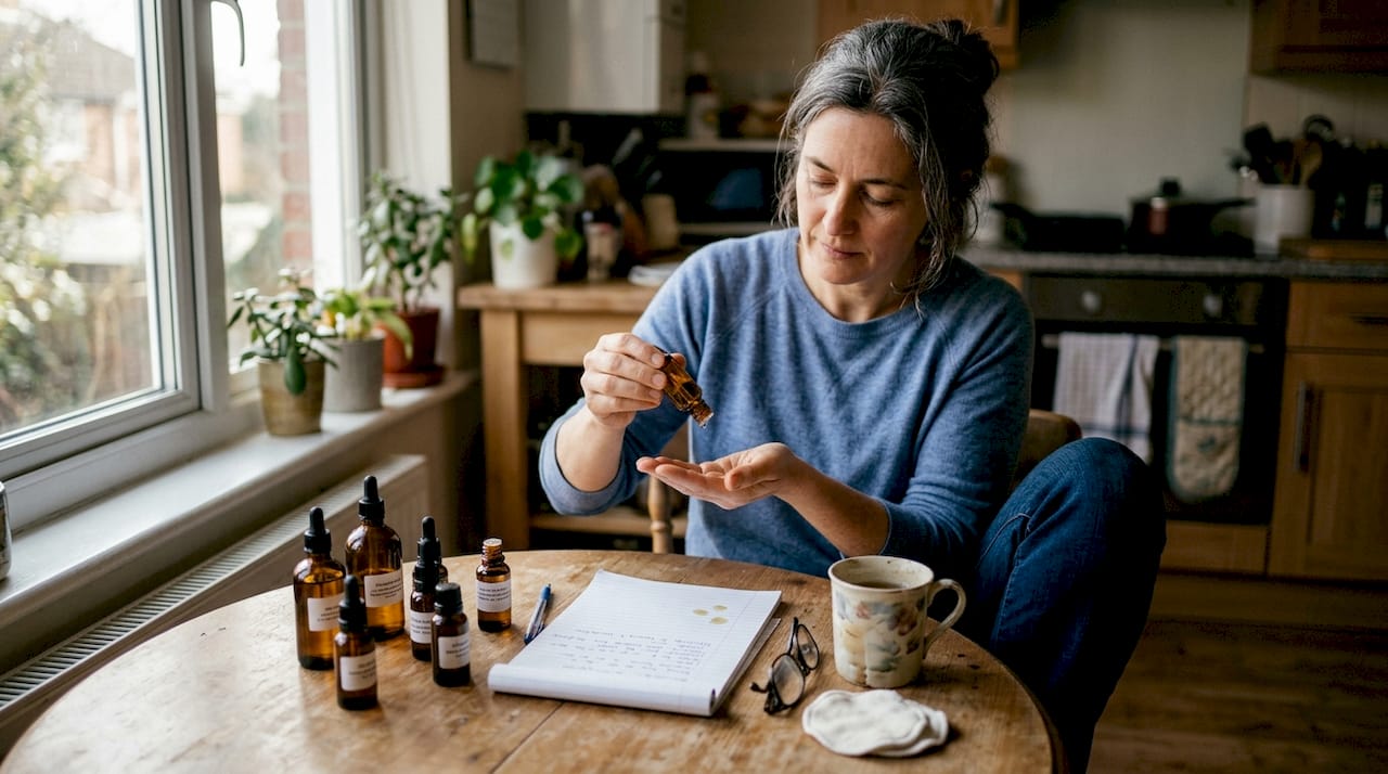 Woman applying natural oil in kitchen setting