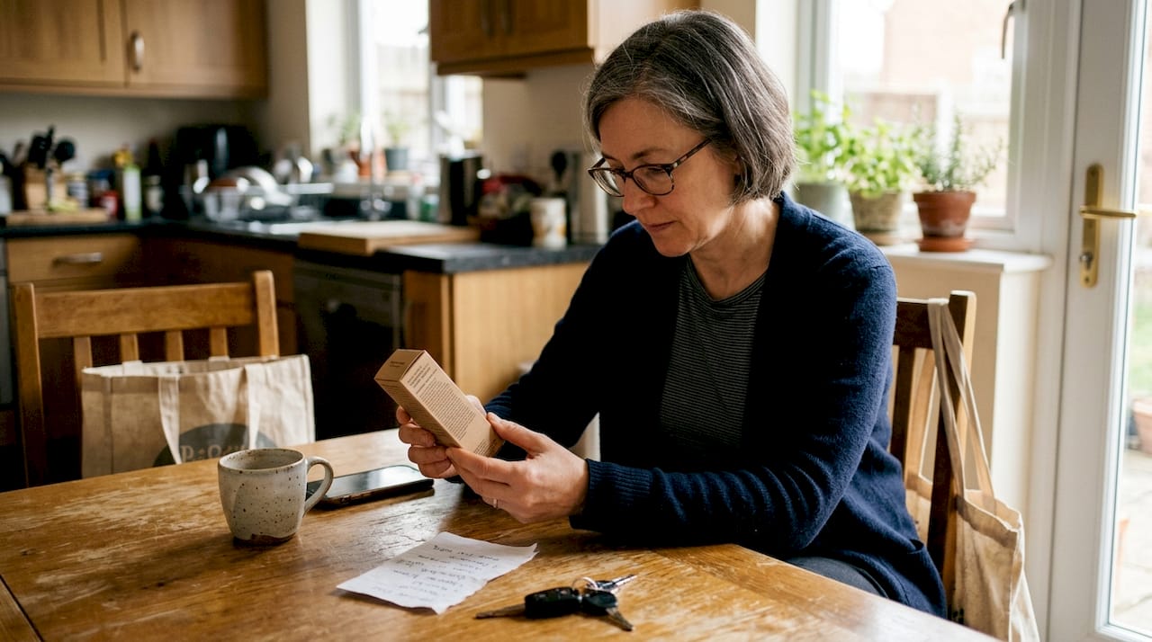 Woman checking skincare ingredients at table