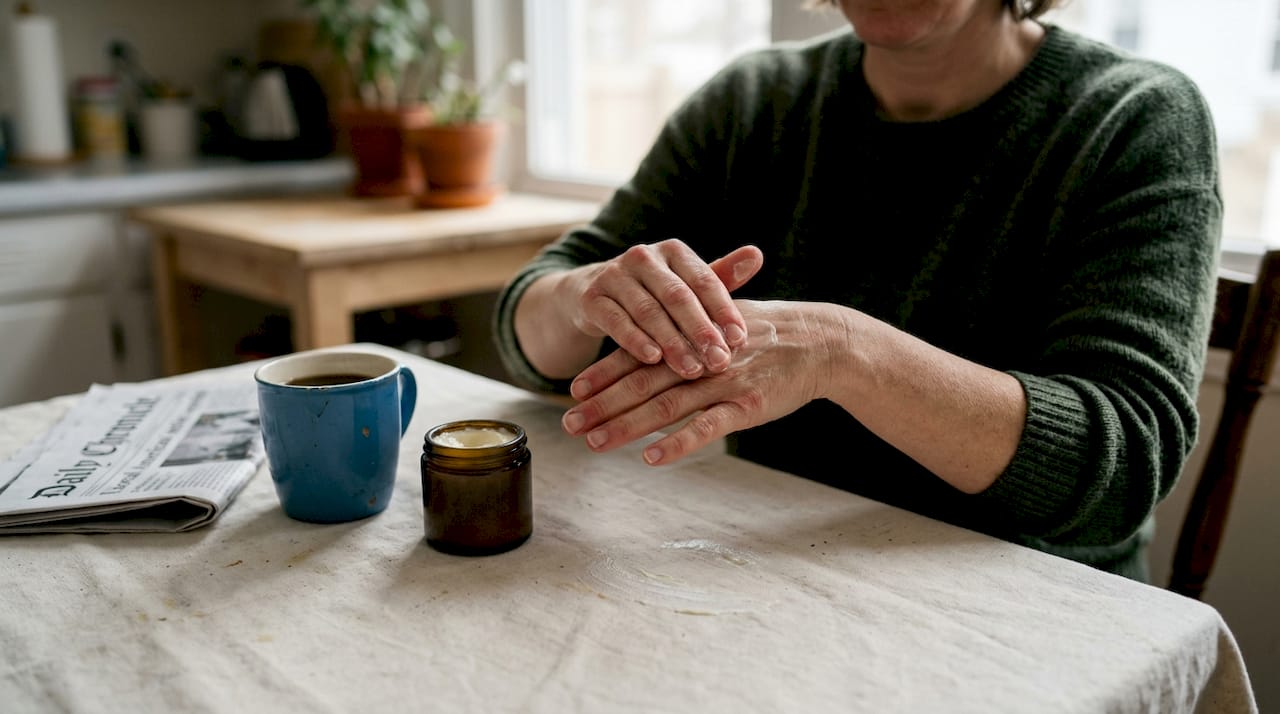 Hands applying shea butter moisturizer