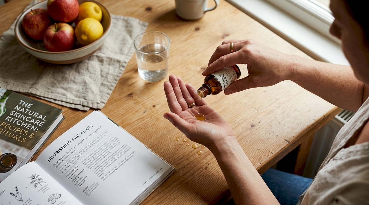 Hands using plant-based skincare in kitchen