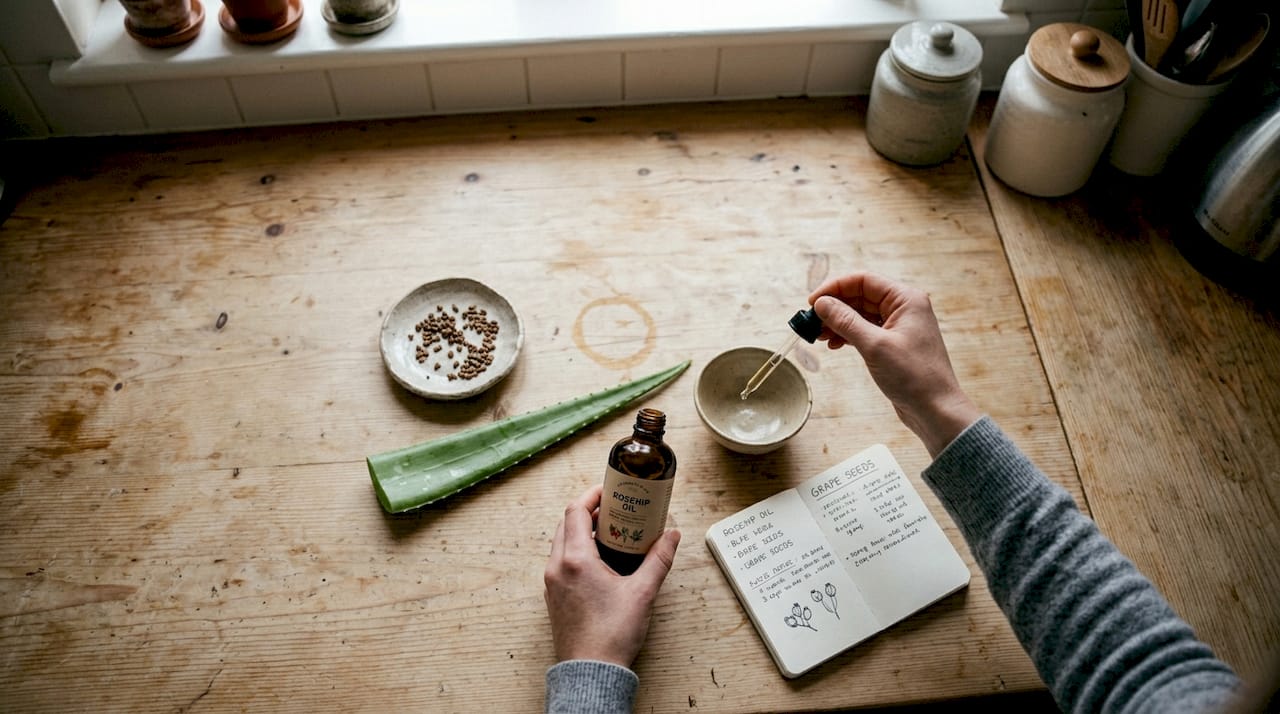 Rosehip oil aloe vera grape seeds on table