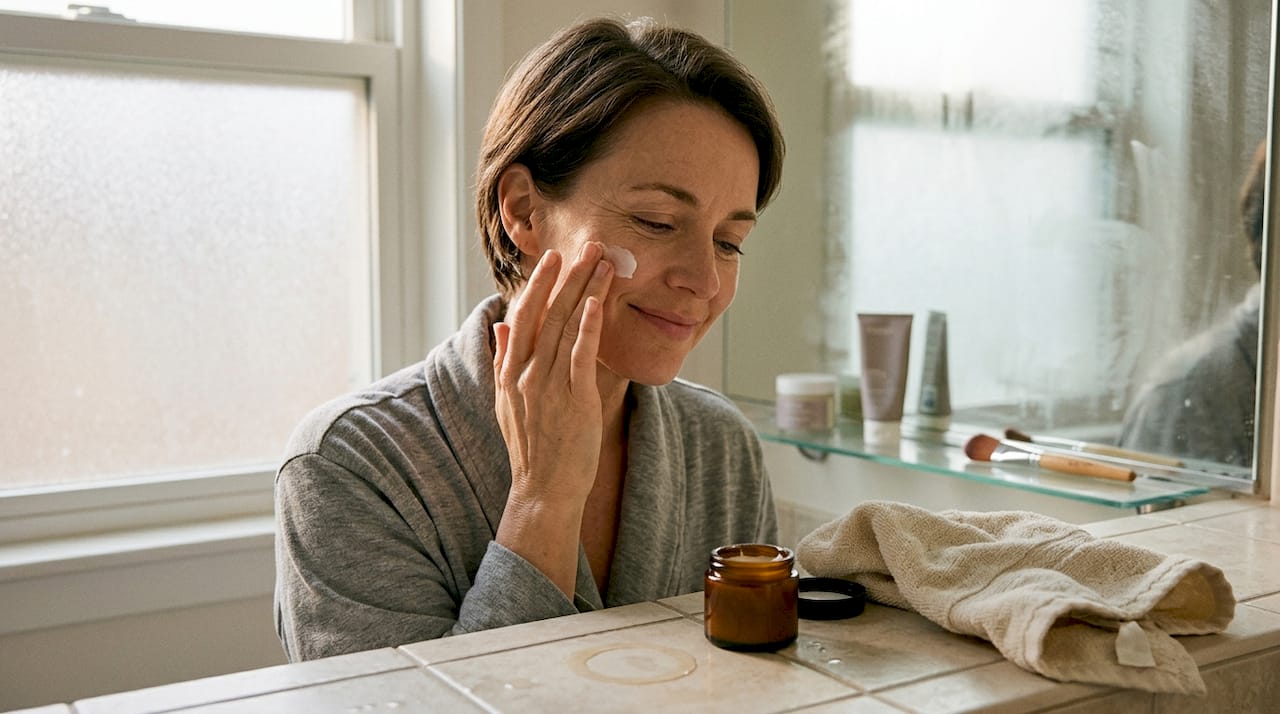 Mature woman gently applying moisturizer
