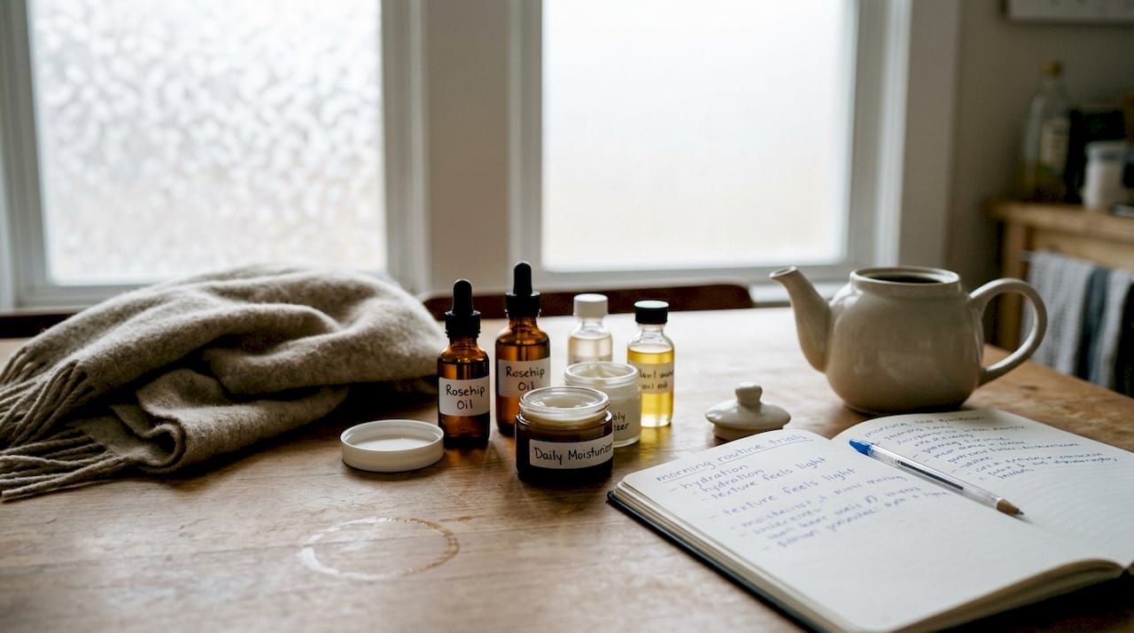 Moisturizer jars and oils on home table