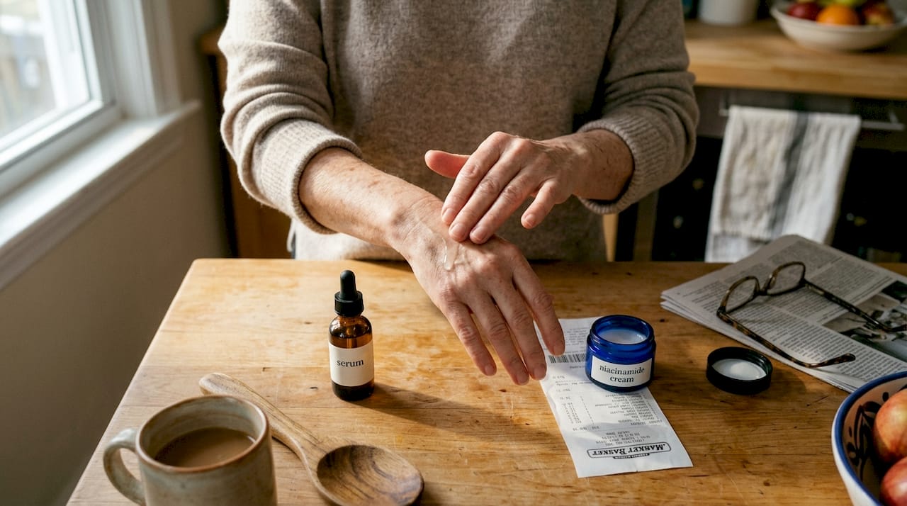 Hands applying serum at kitchen table