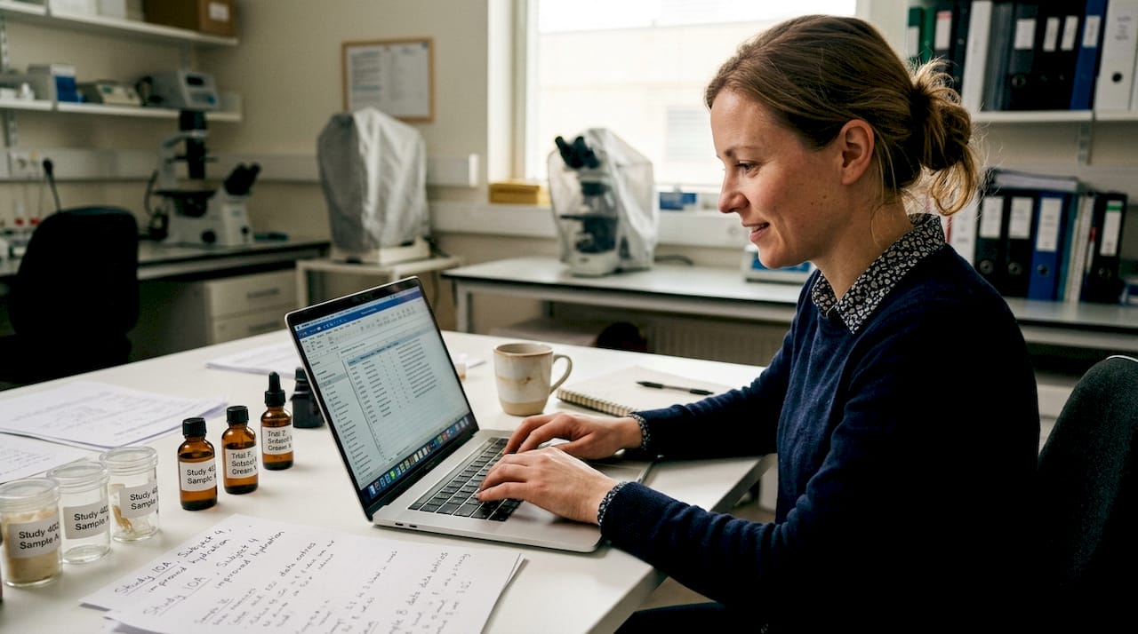 Clinical researcher logging skincare trial results