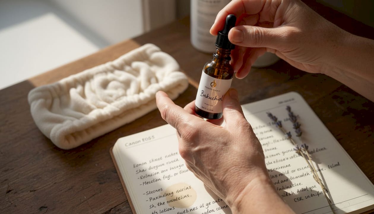 Hands holding bakuchiol serum bottle on vanity