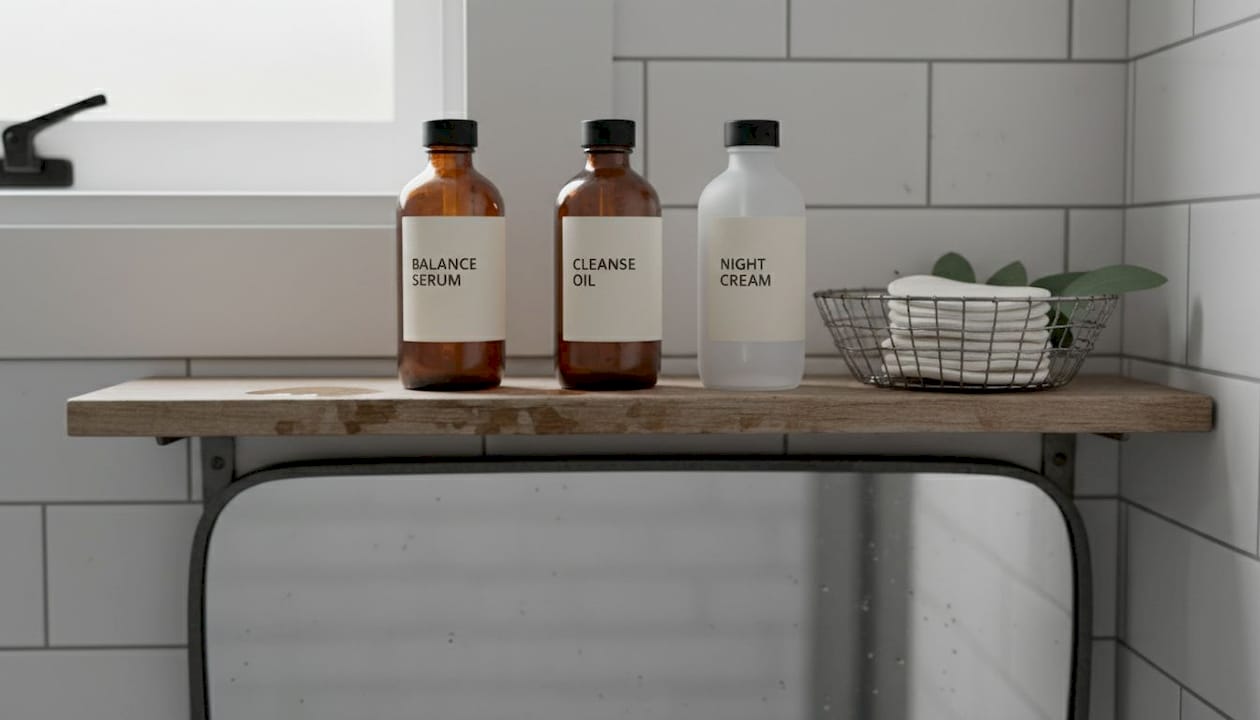 Eco friendly skincare products on bathroom shelf