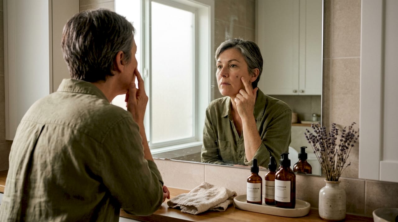 Woman checks dark spots in bathroom mirror