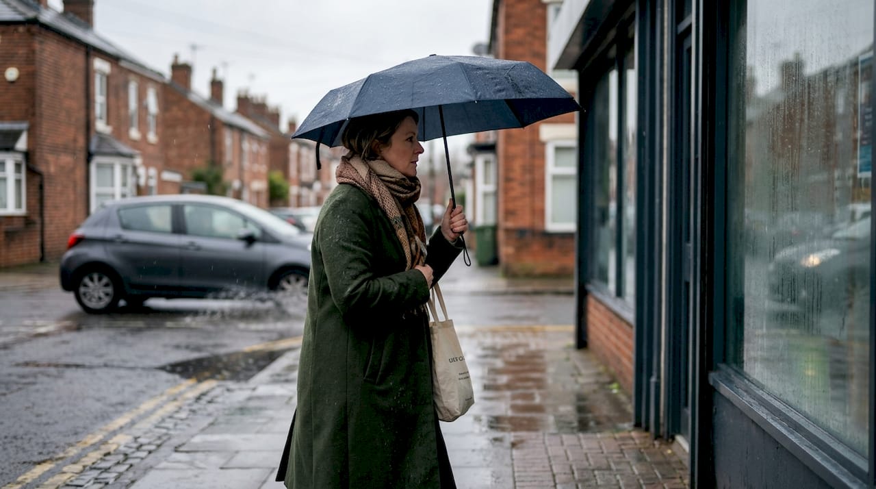 Woman with umbrella walking in damp weather
