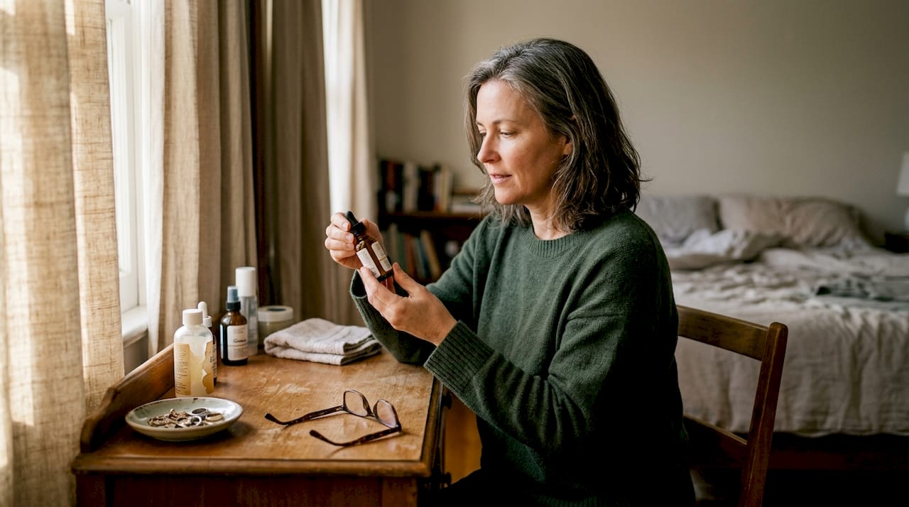 Mature woman using vitamin C serum