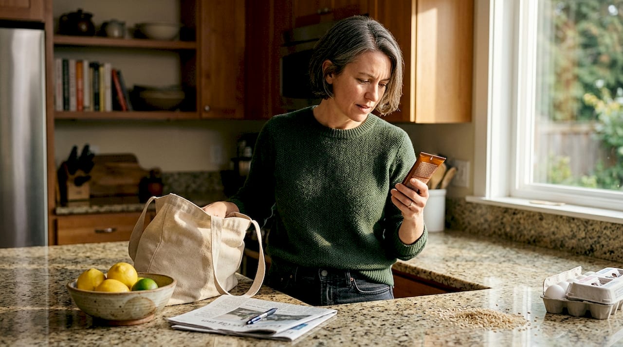 Woman checks skincare label at kitchen counter