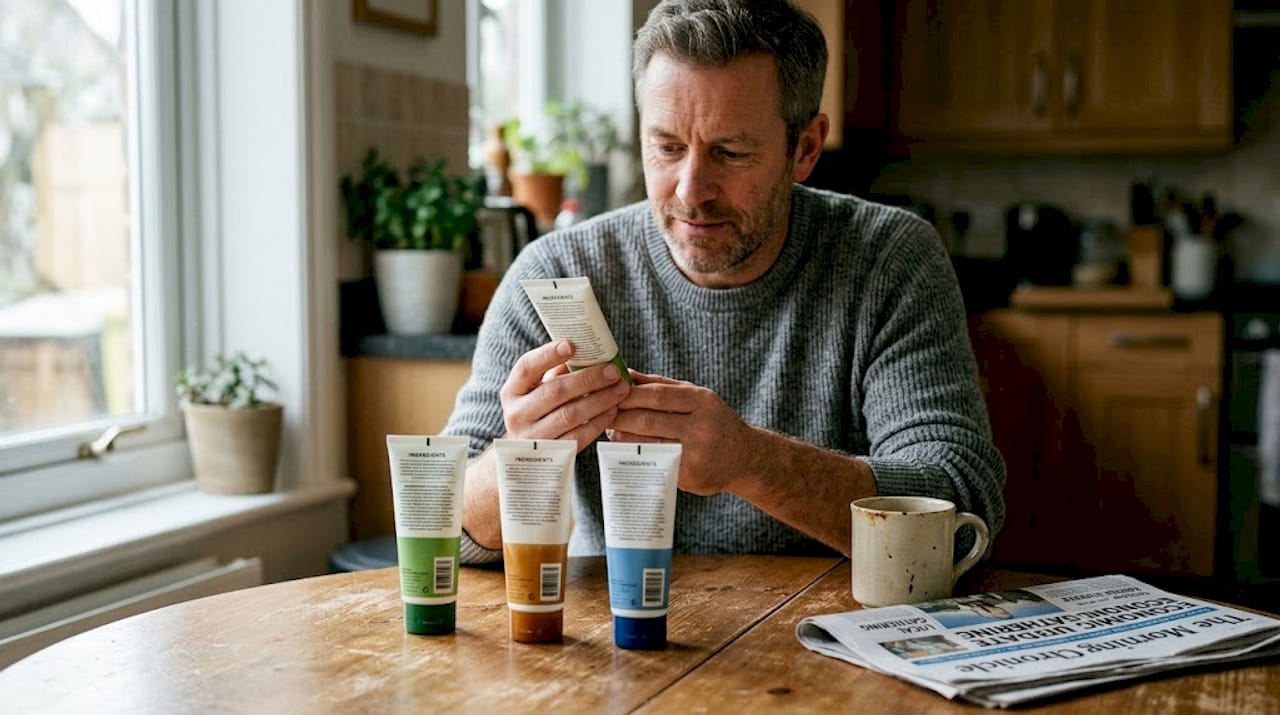 Person examining moisturizer types at kitchen table