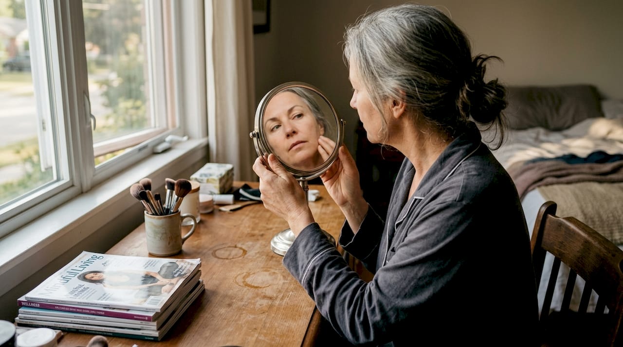 Woman checking facial skin with handheld mirror
