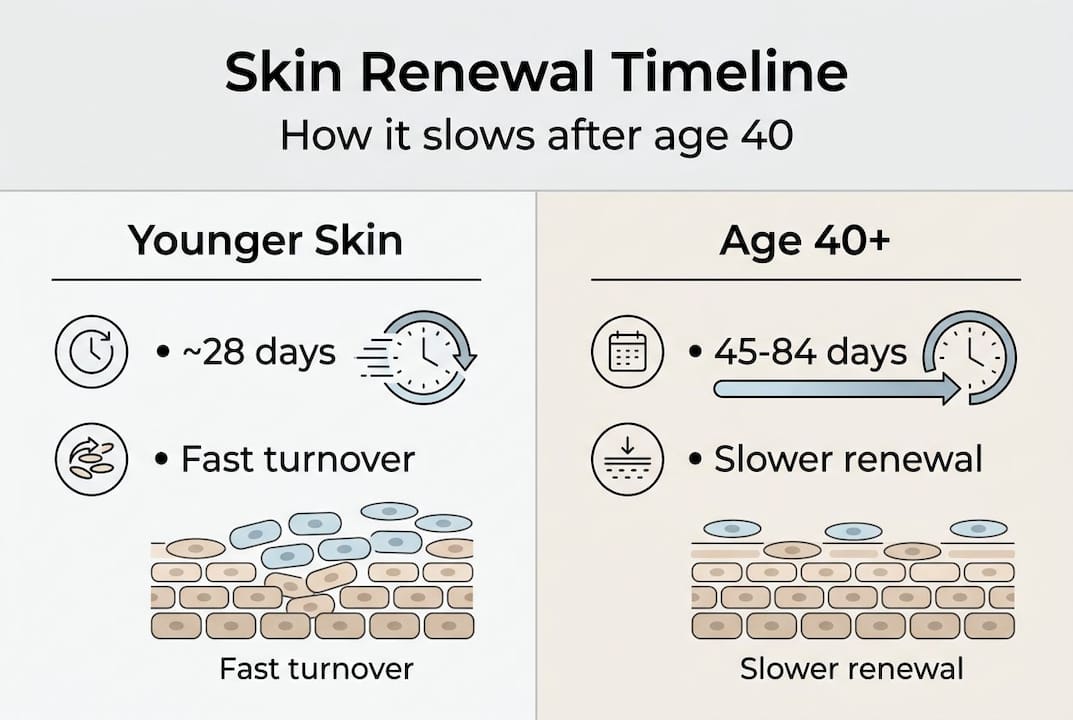 Infographic showing skin renewal timeline before and after 40