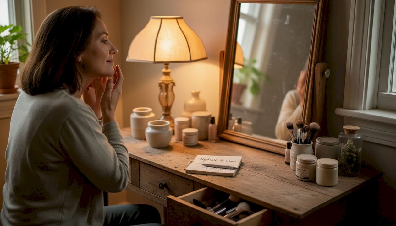 Woman applying moisturizer at bedroom vanity