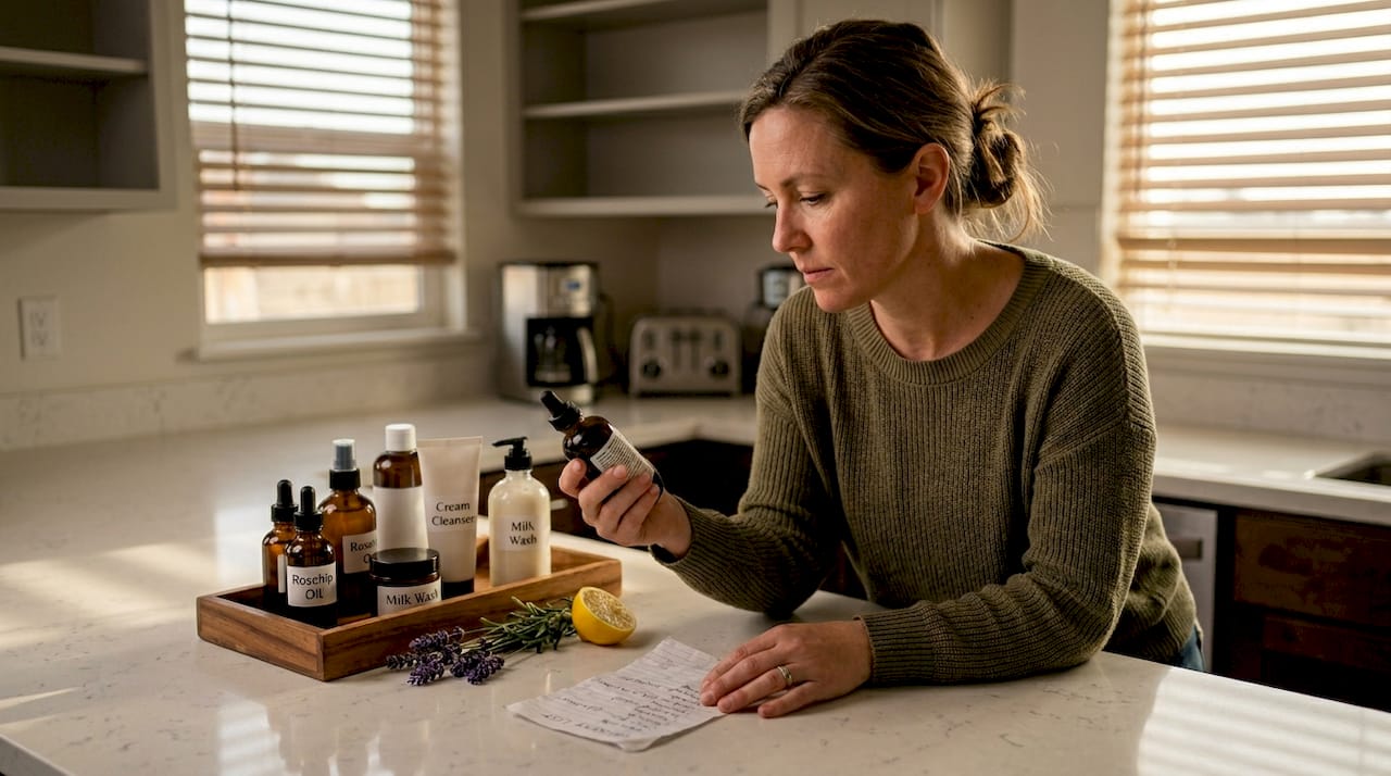 Tray with natural cleanser ingredients and woman reading label