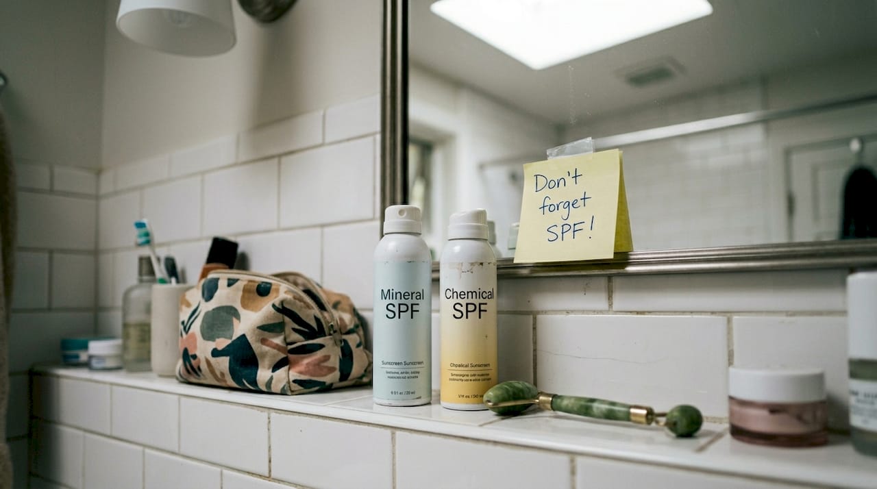 Mineral and chemical SPF bottles on bathroom shelf